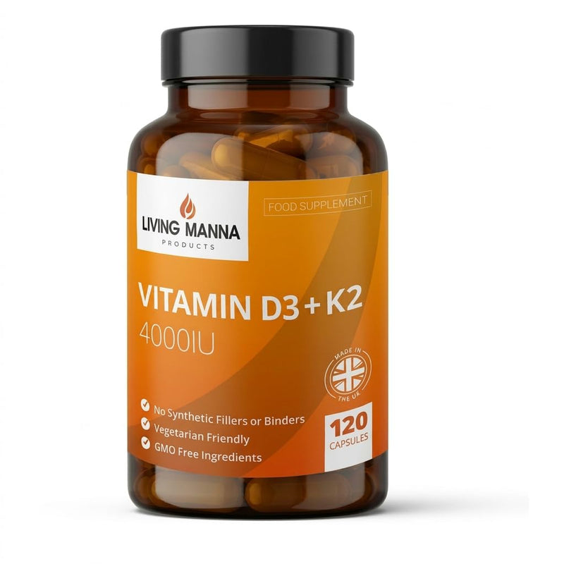 Vitamin D3 4000 IU + K2 MK‑7 100mcg High Strength | 120 Vegetarian Capsules | Bone, Immune & Heart Support | Pure D3 & K2 | UK Made – Living Manna 120 count (Pack of 1)