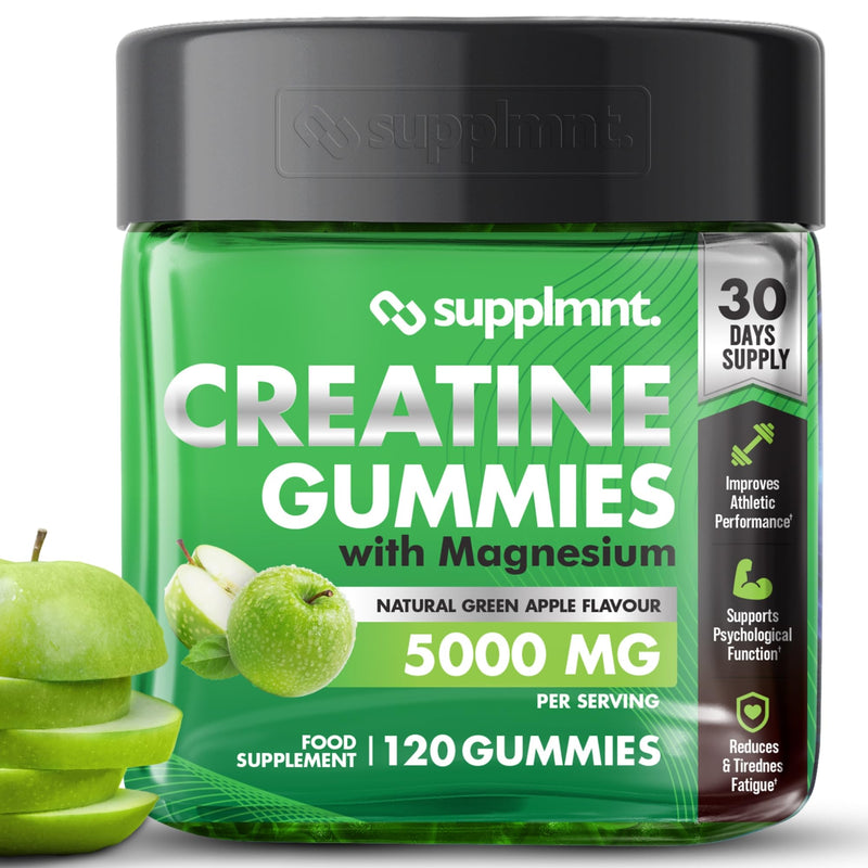 Supplmnt. Creatine Gummies 5000mg 120ct Max Strength for Men and Women Creatine Monohydrate with Added Magnesium - Vegan Pre Workout Chewable Gummies, Apple Flavour (30-Day Supply)
