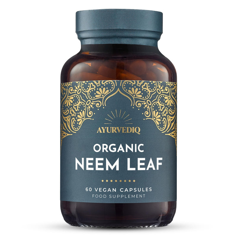 Ayurvediq Organic Neem Leaf Capsules x60 600mg (Azadirachta Indica) – Indian Lilac Neem Powder Organic – Detox, Immunity Support, Clear Skin Soil Association Organic Health and Wellbeing Supplements