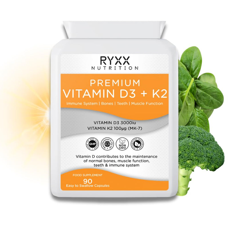 Vitamin D3 3000iu & K2 100µg (MK7) | High Strength Vitamin D3 + K2 Supplement | 90 Vegetarian Capsules | Made in the UK by RYXX