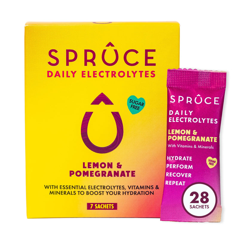 Spruce Daily Electrolytes – Zero Sugar Hydration Sachets with Potassium, Sodium, Magnesium, Vitamins & Minerals for Rehydration & Recovery – Lemon & Pomegranate – 28 Sachets Pack of 28