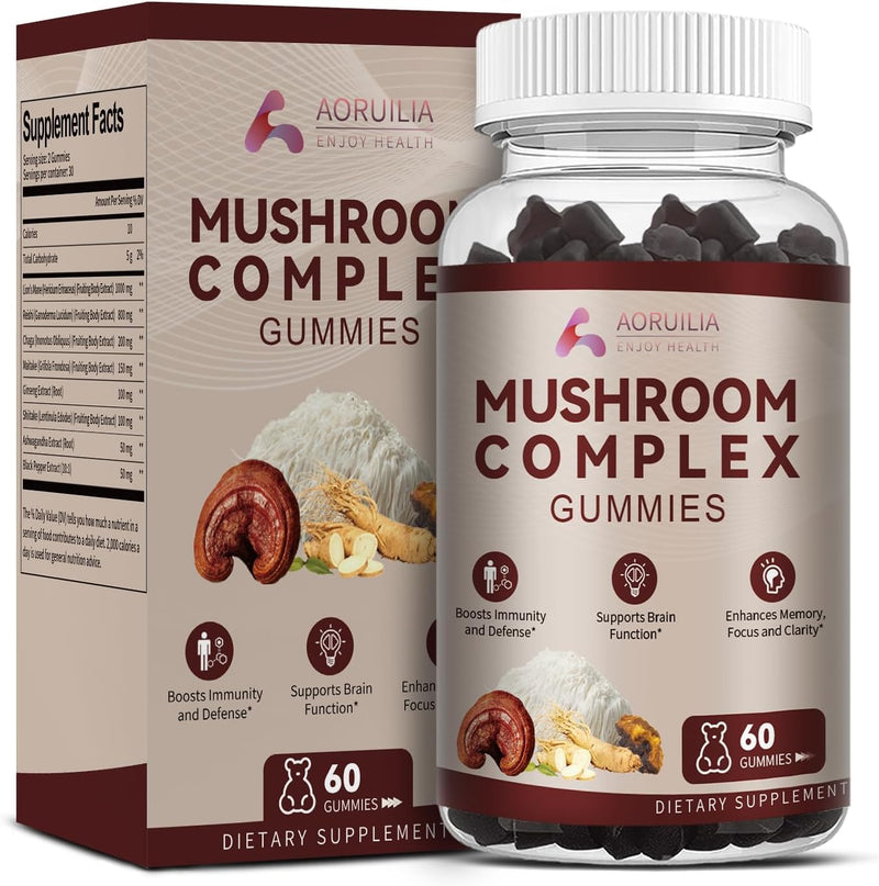 12-in-1 Mushroom Gummies with Lion's Mane, Reishi, Chaga, Maitake, Ginseng, Shiitake for Focus, Immunity & Mood, Vegan Mushroom Complex Supplement with Ashwagandha and Black Pepper- 60 Gummies 60 count (Pack of 1)