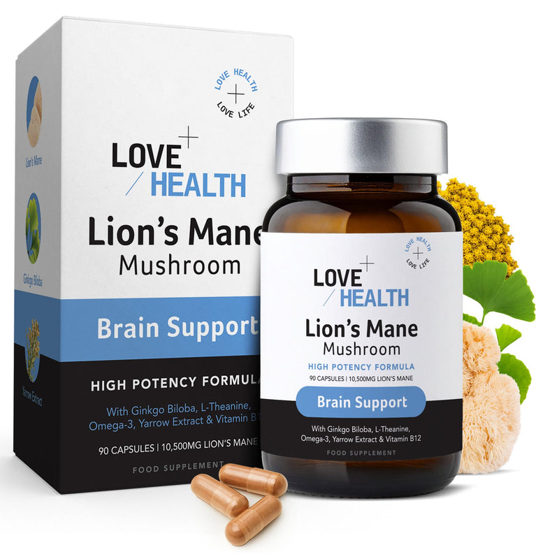 Brain Support Lions Mane Supplement 90Pcs 10,500mg Lions Mane Mushroom Capsules - Brain Health Memory and Focus Supplement with Ginkgo Biloba, L-Theanine, Omega-3, Yarrow & Vitamin B12 Brain Focus - 10,500mg