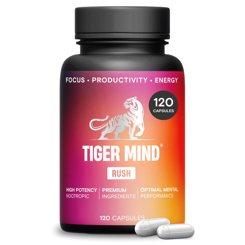 Tiger Mind Rush Nootropics Brain Supplement with Vitamins B12, B6, Folic Acid (B9), Lion's Mane, Ginkgo Biloba & More | For Energy, Focus & Memory Functions | Non-GMO, Vegan, Made in the UK, 120 Count