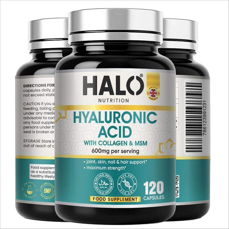 Hyaluronic Acid Supplement 600mg (500-700 KDA) - 120 Vegan Triple Strength Hyaluronic Acid Capsules - 4 Month Supply - Natural Skin, Hair & Joint Supplement for Women & Men- Halo Nutrition