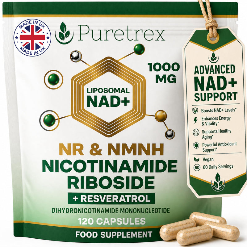 PURETREX NMNH Supplements 1000mg, Made in UK, 120 Vegan Capsules, Liposomal NAD+ Support with Nicotinamide Riboside and Resveratrol, High Strength Cellular Energy & Healthy Aging Formula