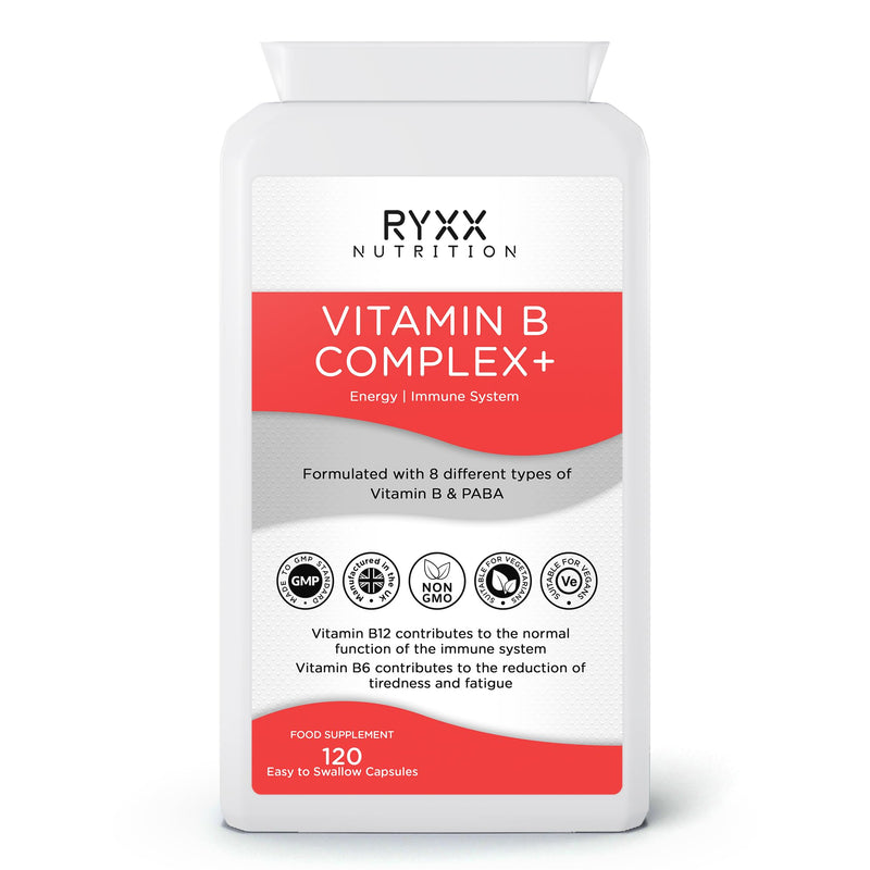 Vitamin B Complex+ | High Strength & High Absorption B Vitamins | 120 Vegan Capsules | with B6, B12 & Folate for Energy & Tiredness Reduction | Made in the UK by RYXX