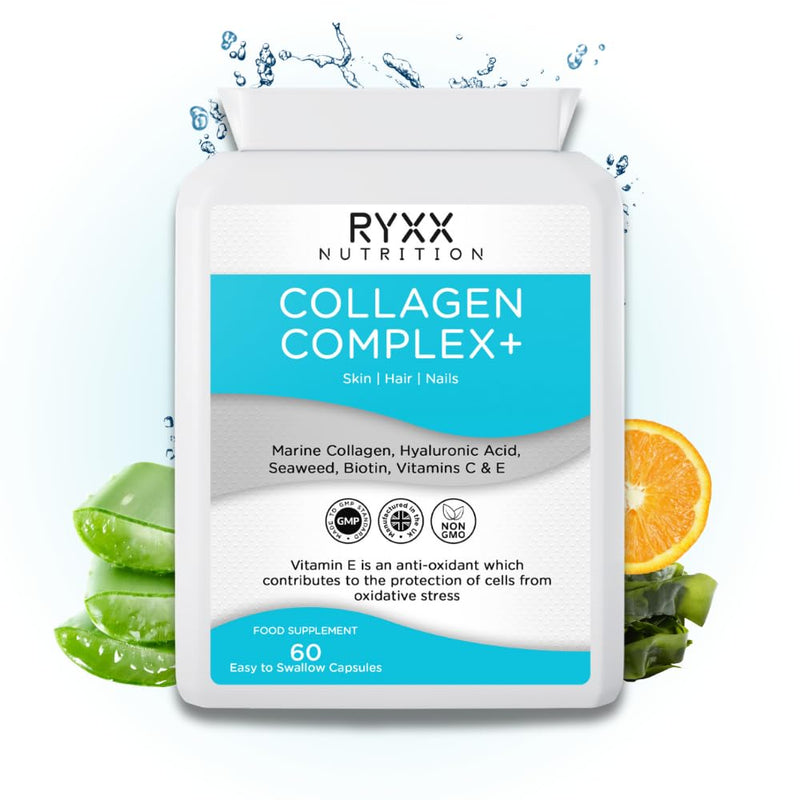 Collagen Complex+ | Marine Collagen Supplement with Hyaluronic Acid, Biotin, Vitamin C & E | Skin, Hair & Joint Support | 60 Capsules | Made in the UK by RYXX