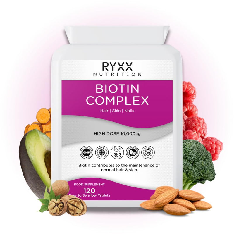 Biotin Complex 10,000µg | High Strength Biotin for Hair Growth, Skin & Nails | 120 Vegan Tablets | Made in the UK by RYXX