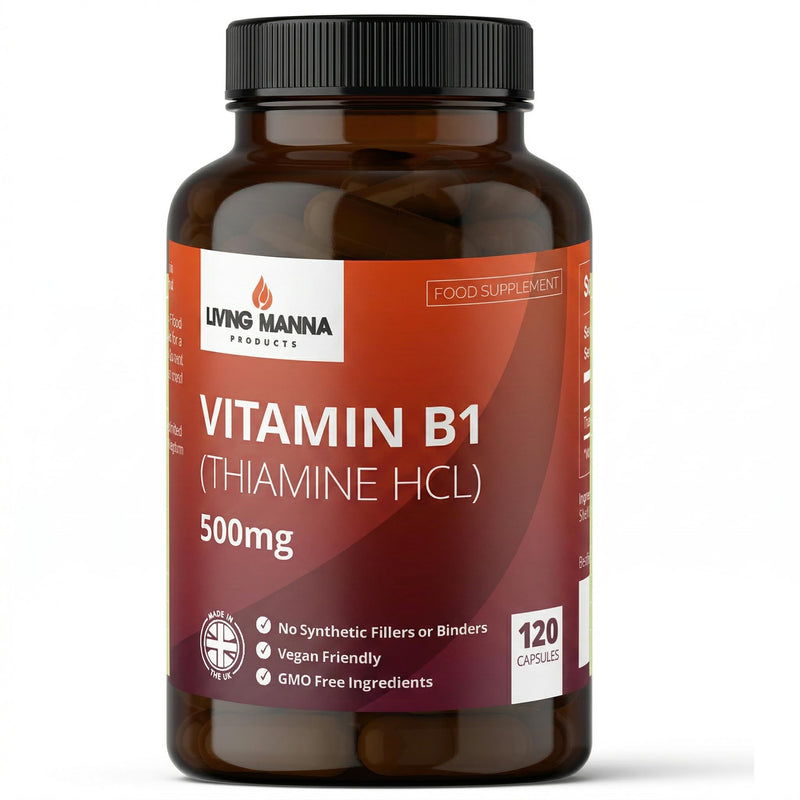 Vitamin B1 Thiamine 500mg High Strength | 120 Vegan Capsules | Energy, Nerve & Brain Support | Pure Thiamine HCl | No Fillers | Made in the UK – Living Manna