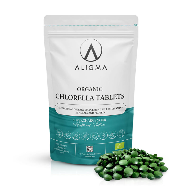 Aligma Organic Chlorella Tablets 500×500 mg for Immune System Booster, Super Greens Tablets, Natural Source of Vegan Protein, Minerals & Vitamins | Resealable Package