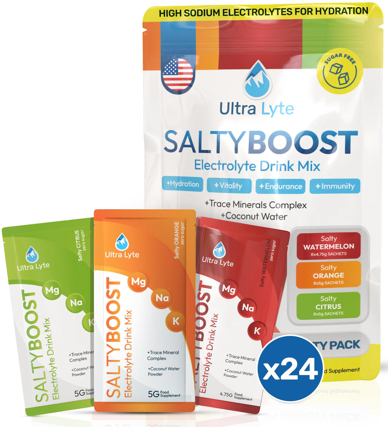 Ultra Lyte Electrolytes Drink Mix - Sugar-Free Variety Pack Powder - 24 Sachets with High Sodium, Trace Minerals, and Coconut Water - Hydration for Endurance, Replenishment, and Wellness 24 Servings (Pack of 1)
