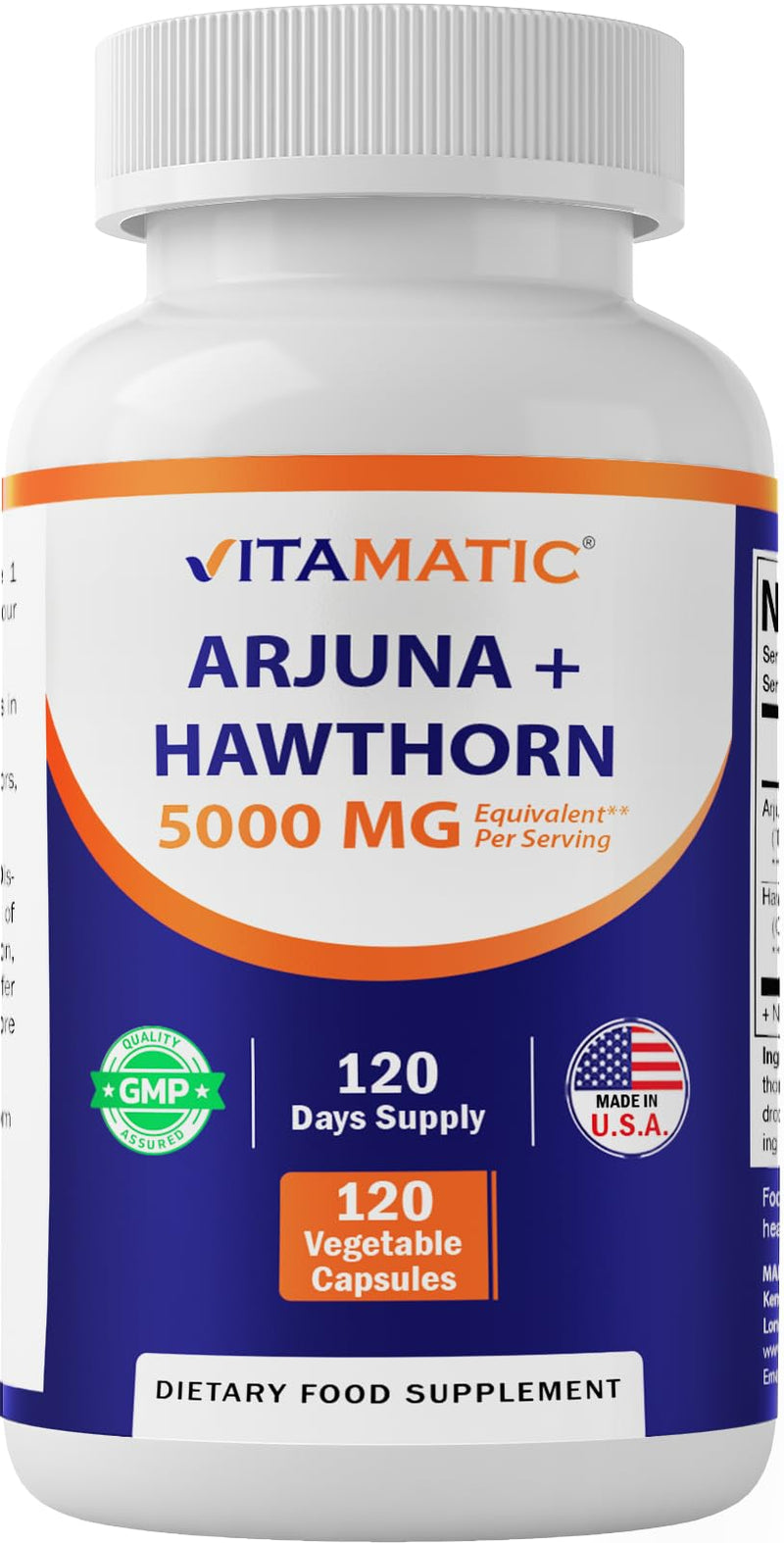 Vitamatic Arjuna 10:1 Extract 250mg + Hawthron 10:1 Extract 250 mg - 120 Vegetable Capsules - Made in The USA - Non-GMO & Gluten Free