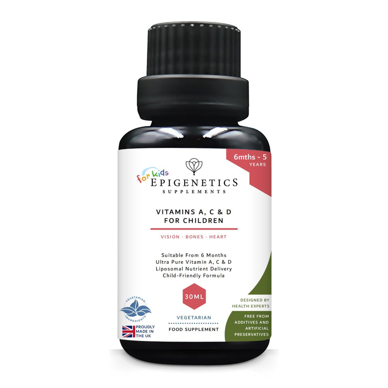 Kids Vitamins A, C & D for Children & Baby | Bones, Vision & Heart | Sugar Free Liposomal Liquid Multivitamin Supplement | 2 Month Supply | 30ml Bottle with Spoon. Vegetarian & UK Made