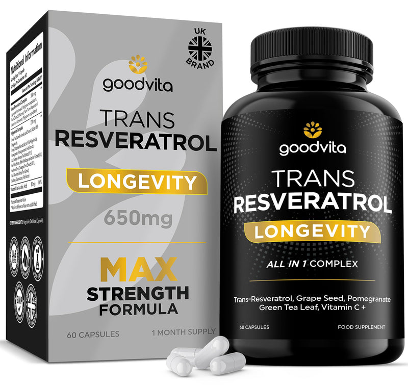 Trans Resveratrol Supplement 650mg | UK Made | 60 Capsules, 2 Month Supply | Antioxidant, Anti-Aging, Immune, Joint Support | Grape Skin, Pomegranate, Vitamin C | Rich in Polyphenols