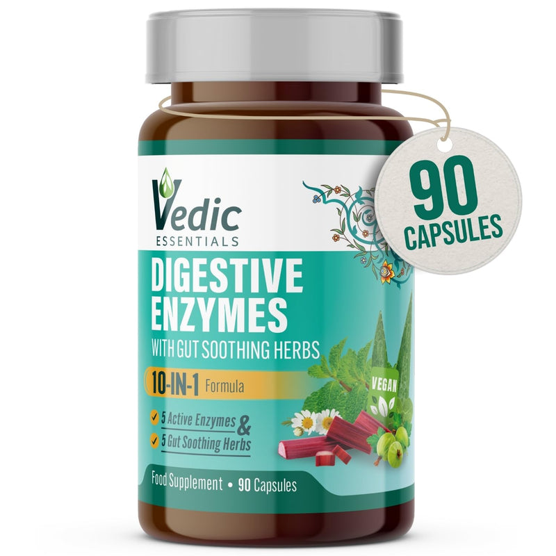 Vedic Digestive Enzymes + Herbs Complex for Better Digestion & Tummy Comfort | Advanced Digestive Supplement for Bloating, Gas, Indigestion | 5 Enzymes + Peppermint, Aloe, Licorice | UK Made, Vegan