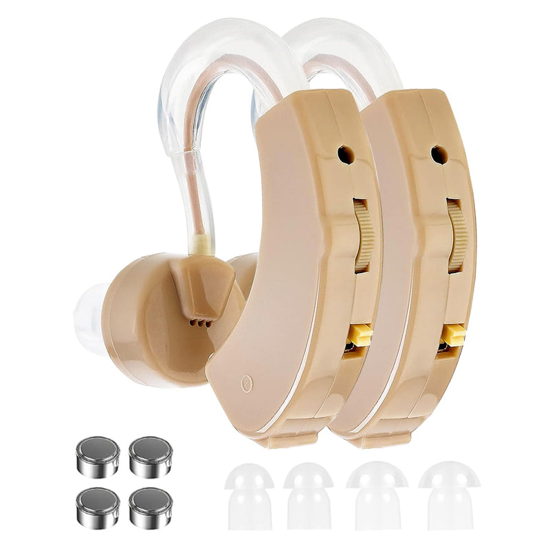 Hearing Amplifier for Seniors & Adults (Pair), Behind-the-Ear Personal Hearing Support Device with 6 Volume Levels, Noise Reduction for Clear Conversations, 6 Domes, Battery Powered, Case Beige 2-Pack Behind-the-Ear Battery