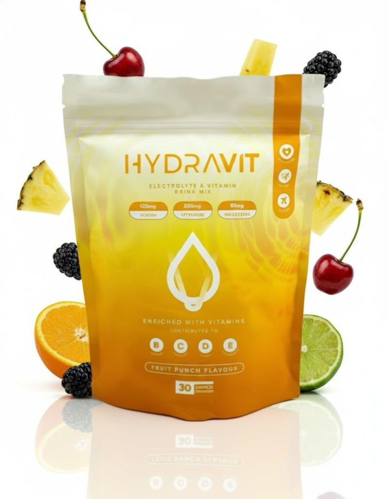 Hydravit Electrolyte Powder – 1000mg Electrolytes + 4 Vitamins – Fruit Punch Flavour – 30 Servings – Low Calorie, Vegan Hydration Mix