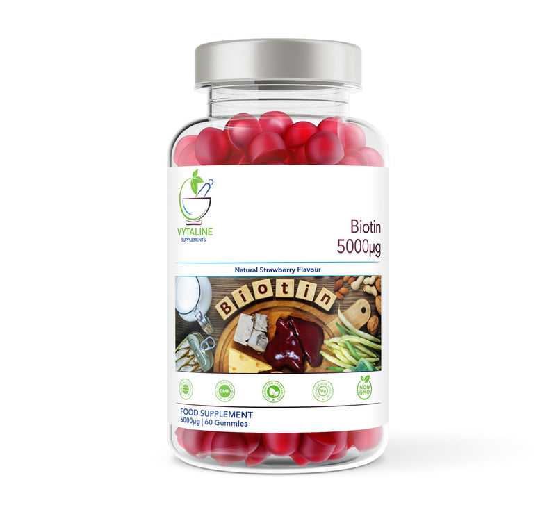 Biotin 5000mcg Hair, Skin and Nail Growth Support Gummy Supplement - 60 Natural Strawberry Flavour Chewable Gummies - 2-3 Months Supply – Vegan Friendly – for Men and Women