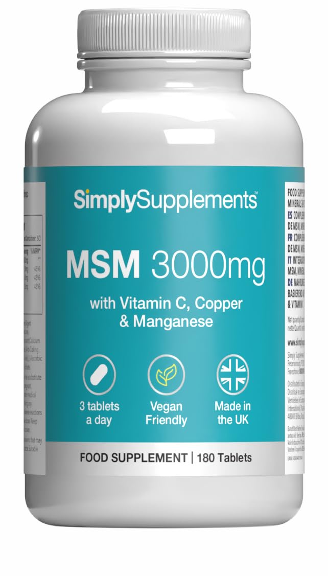 MSM 3,000mg | with Added Vitamin C | Supports Healthy Joints, Skin, and Immune Function | Vegan & Vegetarian Friendly | Made in The UK Unflavoured 1 count (Pack of 180)
