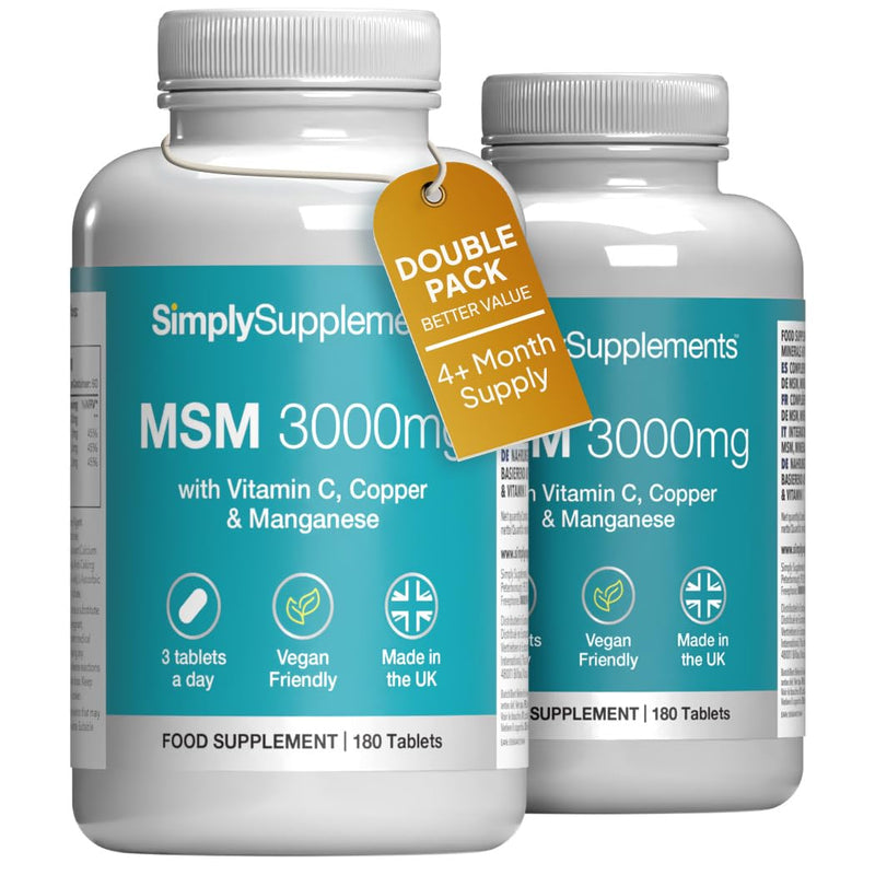 MSM 3,000mg | with Added Vitamin C | Supports Healthy Joints, Skin, and Immune Function | Vegan & Vegetarian Friendly | Made in The UK Unflavoured 2 count (Pack of 180)