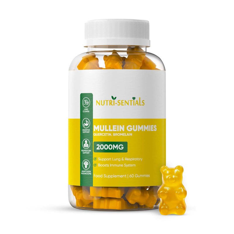 Mullein Gummies 2000mg – Respiratory Lung Health Supplement with Adaptogen Mushrooms, Mullein Leaf Extract – Natural Lung Cleanse for Adults, Vegan & Non-GMO | Immune Boost 60 Gummies