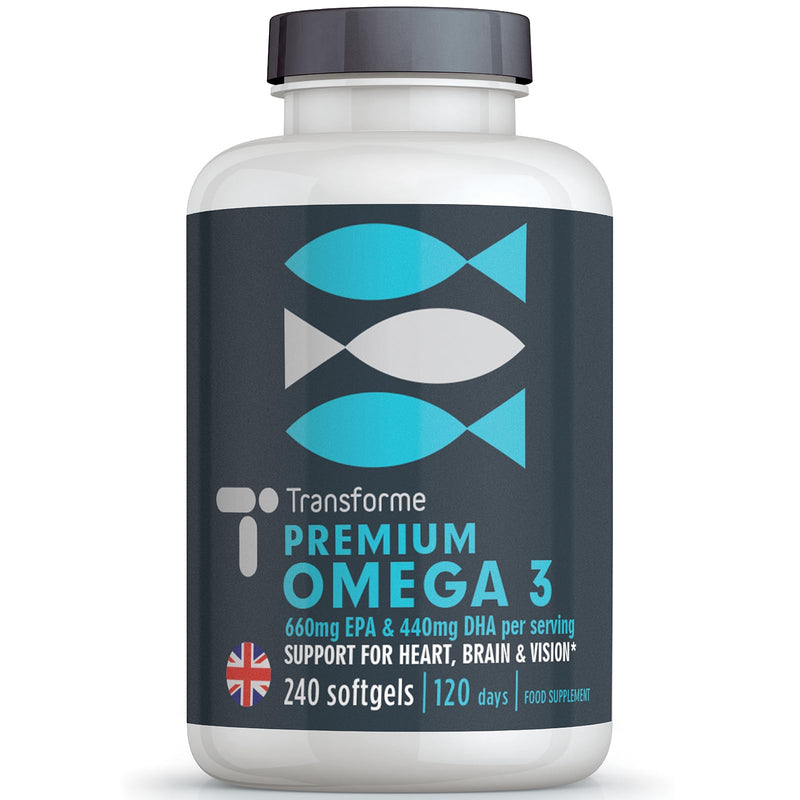 Omega 3 Fish Oil 2000mg, 2 x 1000mg Capsules High Strength Serving 660mg EPA and 440mg DHA, 240 Omega 3 Fatty Acids Softgels Supporting Heart, Brain and Eye Health, 4 Month Supply from Transforme 1 count (Pack of 240)