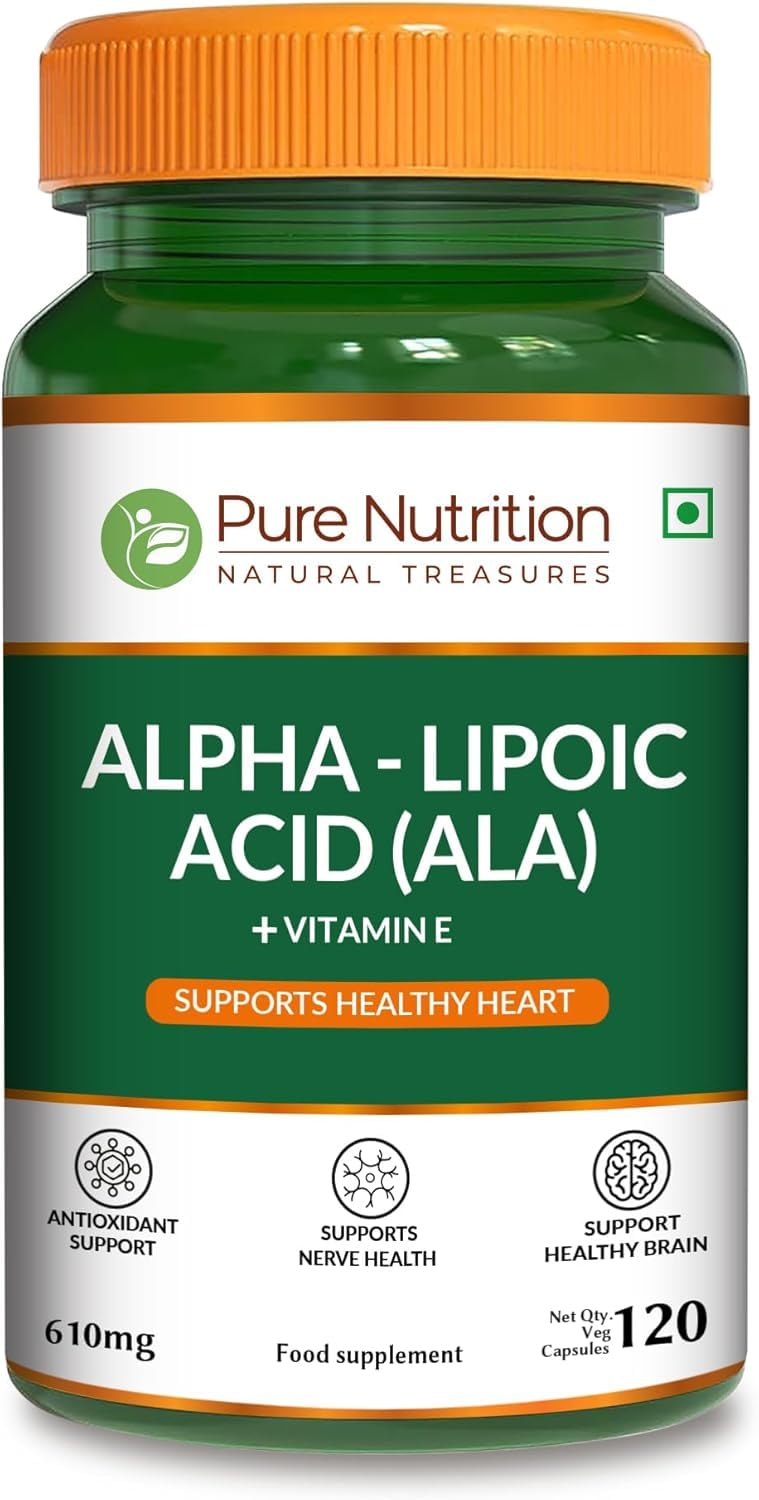 Pure Nutrition Alpha Lipoic Acid 600mg + Vitamin E | 120 Caps | Powerful Antioxidant to Support Nerve & Heart Health*. | Non-GMO