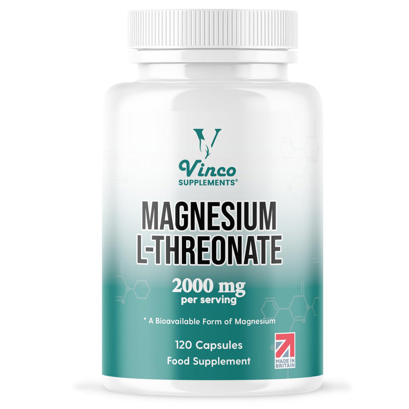 Vinco Magnesium L-Threonate Supplement - 120 High Strength Magnesium L Threonate Capsules - 2000mg Bioavailable Form of Magnesium per Serving - Non-GMO & Gluten Free - Made in The UK White