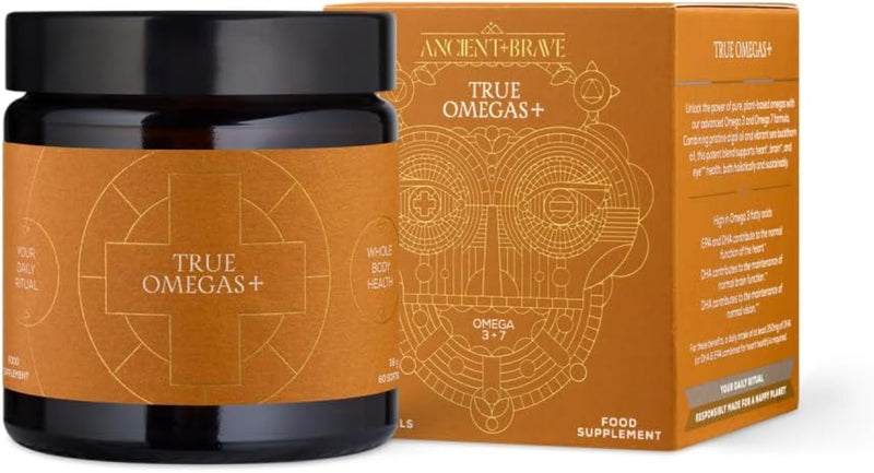 Ancient + Brave True Omegas+ 60 Capsules - Vegan Omega-3 Omega-7 - Nutrition Supplement – Plant Based Essential Fatty Acids for Vision Brain and Heart Health