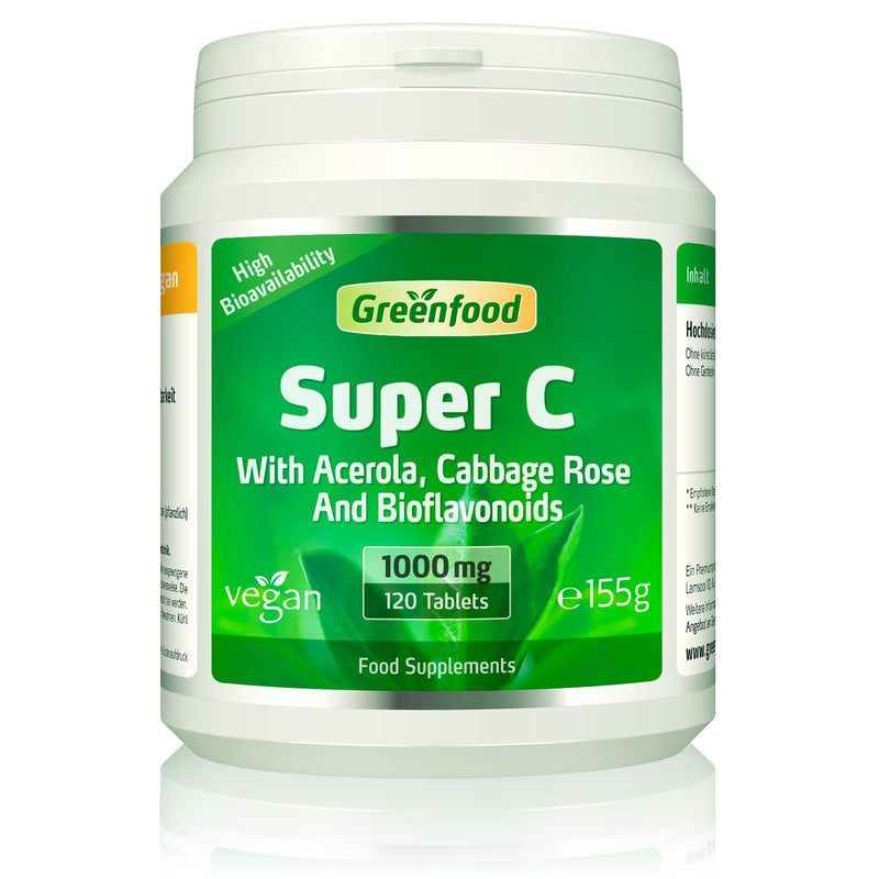 Greenfood Super C, 500 mg Vitamin C, high dose, 120 Tablets - with acerola, Wild Rose and bioflavonoids, contributes to the Maintenance of the Immune System. Without Artificial additives. Vegan.