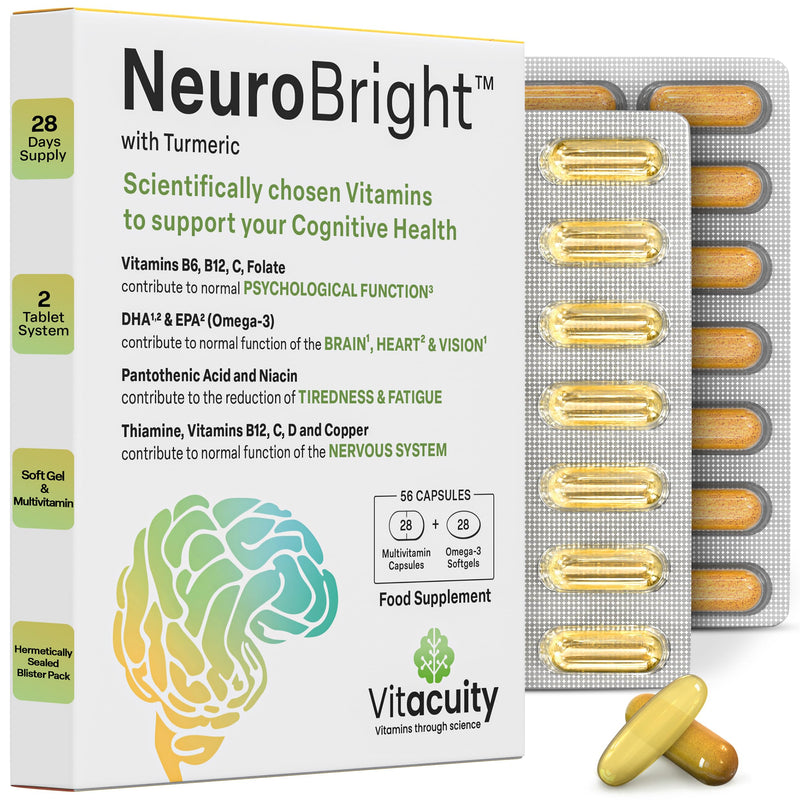 NeuroBright with Turmeric – Brain Supplement : Strong Omega-3 Softgel + High Dose B-Complex, C, D & E Multivitamin with Zinc and Copper All for Memory and Focus -56 caps
