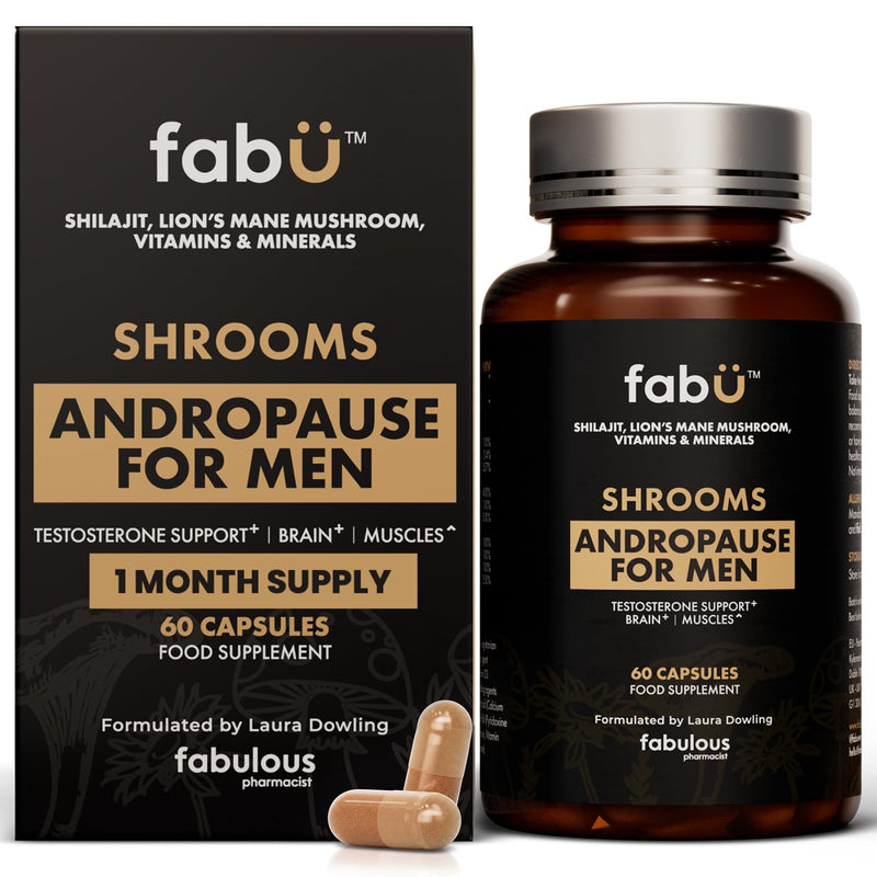 fabÜ Shrooms Andropause - Natural Shilajit & Lion's Mane Supplement for Men - Complete Multivitamin with Zinc, B12 & Minerals for Energy, Cognition & Testosterone Support - 60 Capsules