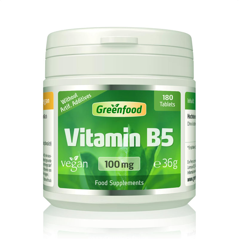 Greenfood Vitamin B5 (pantothenic Acid), 100 mg, high-dose, 180 Tablets, Vegan - contributes to The Reduction of Fatigue and The Normal Functioning of Energy Metabolism. Without Artificial additives.