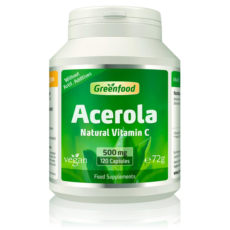 Greenfood Acerola, 500 mg, high-dose,120 capsules - ideal source of natural vitamin C (which contributes to maintaining the immune system, cell protection, bones and teeth). Vegetable capsules, vegan. 120 Capsules