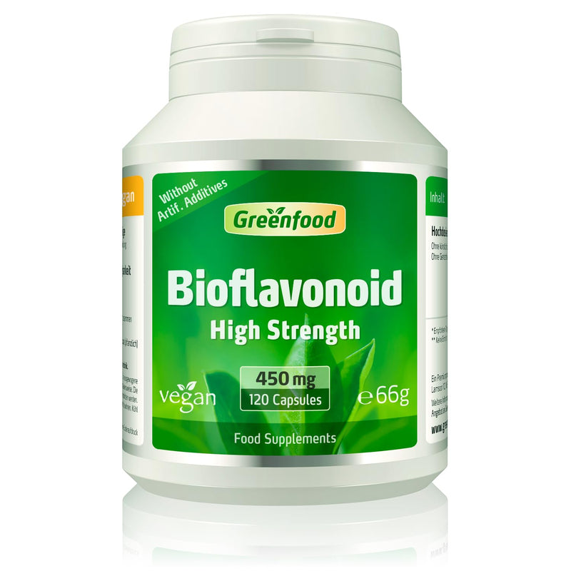 Greenfood Bioflavonoids, 450 mg, high dose, 120 Capsules - from Citrus Fruits. Especially Powerful antioxidant. Without Artificial additives. Without Genetic Engineering. Vegan.