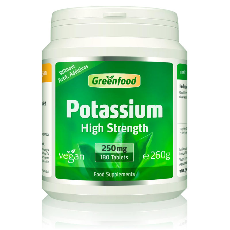 Greenfood Potassium, 250 mg,180 Tablets - contributes to Normal Nervous System Function, Muscle Function and Blood Pressure. Without Artificial additives. Without Genetic Engineering. Vegan. 180 Tablets