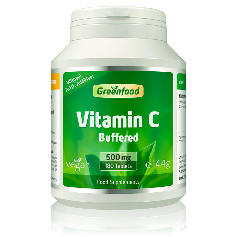 Greenfood Vitamin C, Stomach Friendly, pH Neutral, 500 mg, high dose,180 Tablets. Contributes to the Maintenance of the Immune System, Bones, Skin, Teeth and Gums. Vegan. 180 Tablets