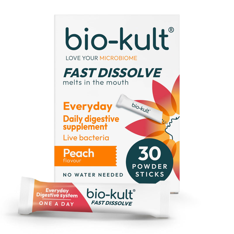 Bio-Kult Everyday Fast Dissolve Powder – 2 Billion CFU + Vitamins C & D | 3 Clinically Researched Strains for Daily Gut & Digestive Support | Peach Flavour | Fast-Melting, No Water Needed | 30 Sachets