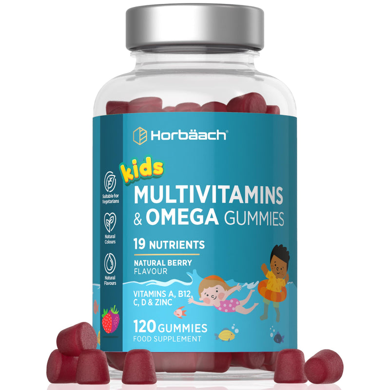 Kids Multivitamin & Omega 3 6 9 Gummies | 120 Count | 19 Nutrients with Vitamin A, B12, C, D and Zinc | Natural Berry Flavour | Vegetarian Friendly Formula | By Horbaach