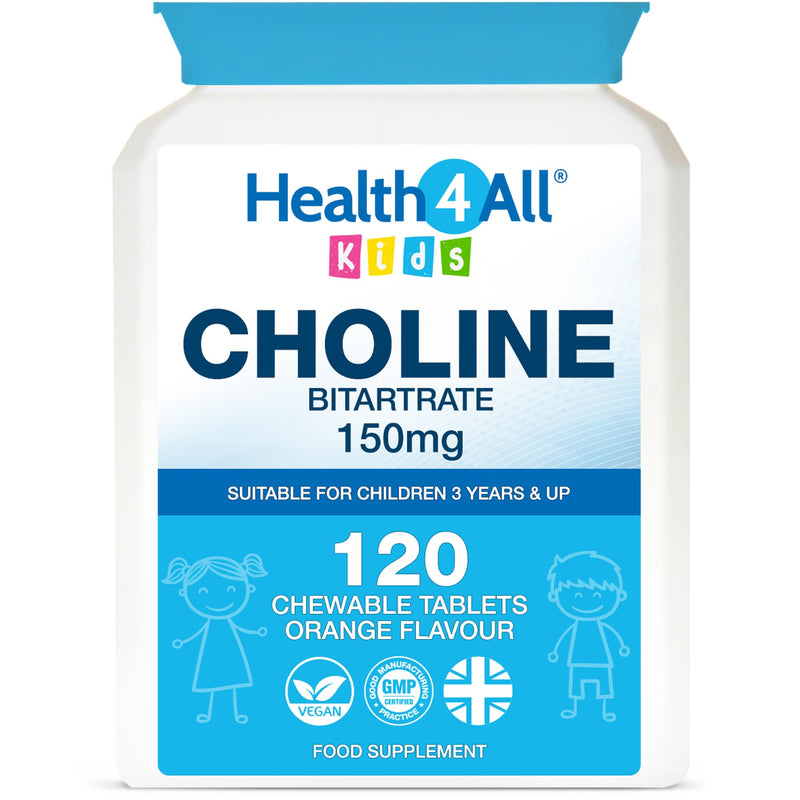 Health4All Kids Choline 150mg 120 Chewable Tablets for Children 3+, Supports Memory, Learning and Mood, Natural Vegan Orange Flavour, Sugar-Free | Made in UK (Not Gummies) 120 count (Pack of 1)