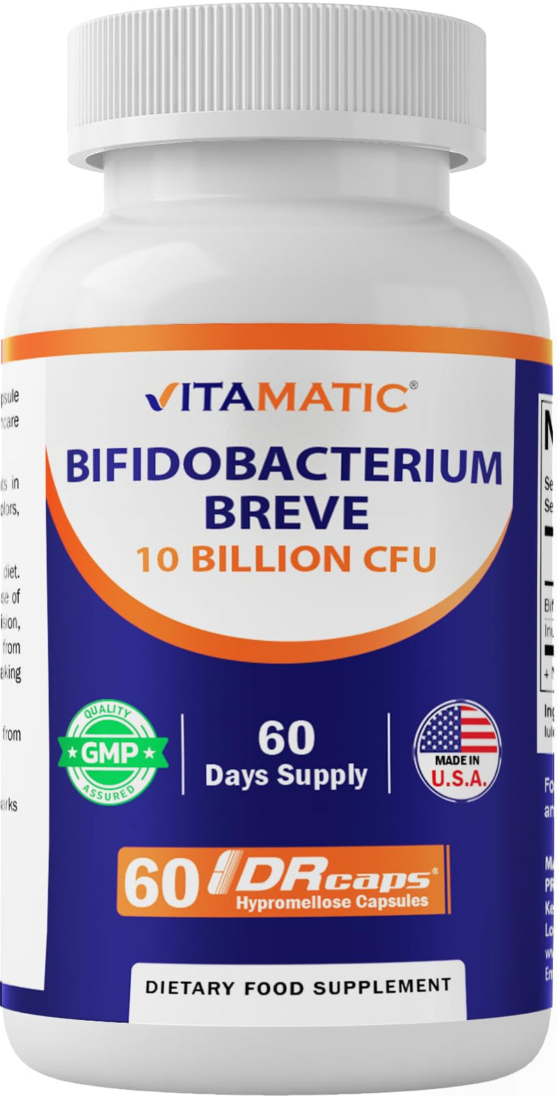 Vitamatic Bifidobacterium Breve - 10B per DR Capsule - 60 Count - Digestive Support - Made with Prebiotic Inulin Fiber