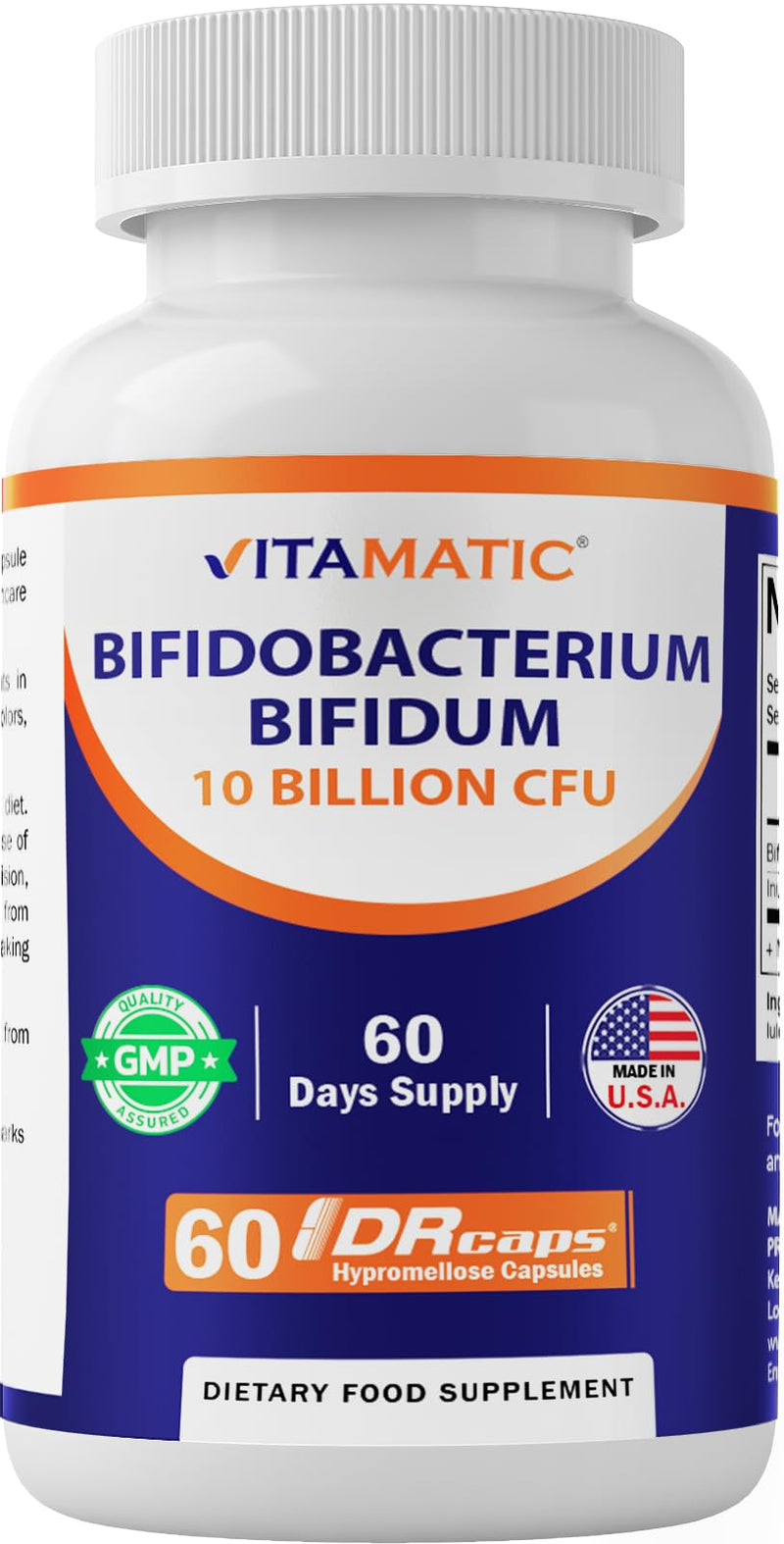 Vitamatic Bifidobacterium Bifidum - 10 Billion per DR Capsule - 60 Count - Digestive Support - Made with Prebiotic Inulin Fiber.