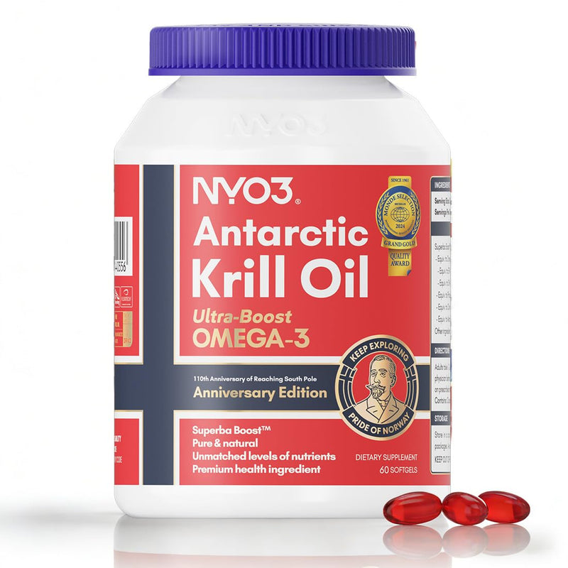 NYO3 Krill Oil Omega 3 Supplement 1000mg 60 Softgels EPA & DHA, Pure Antarctic Krill Oil with Astaxanthin and 56% Phospholipids Third Party Tested 60 count (Pack of 1)