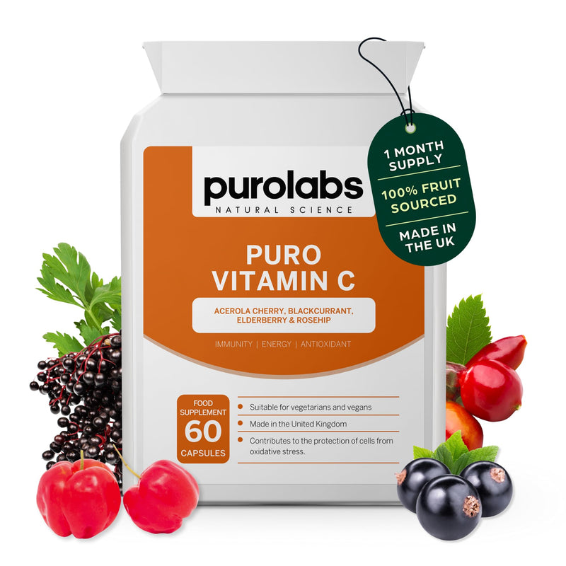 Purolabs Vitamin C Capsules – Wholefood, High Strength Vitamin C Supplement with Acerola Cherry, Rosehip, Blackcurrant & Elderberry for Immune Support and Antioxidant Benefits – 60 Vegan Capsules