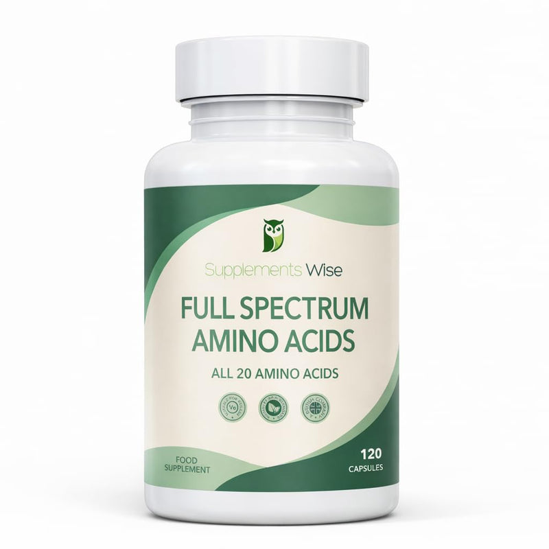 Full Spectrum Amino Acids Complex - 120 Powder Capsules - Free Form Amino Acid Supplements - Includes Essential (EAA) and BCAA for Optimal Benefits - Suitable for Vegans - Up to 4 Month Supply