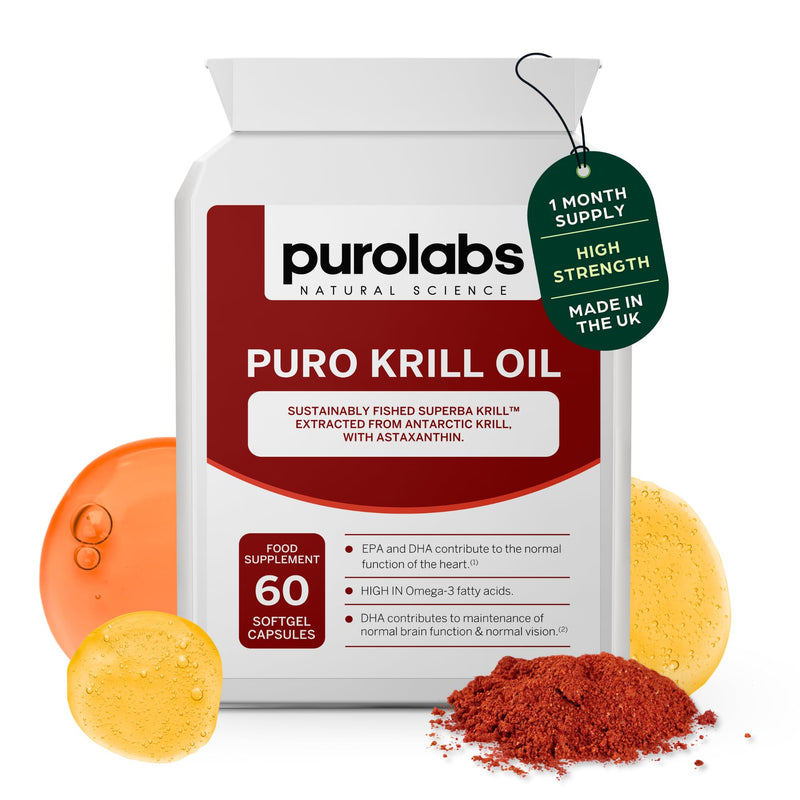 Purolabs Antarctic Krill Oil 1000mg – High Strength Krill Oil Capsules with Omega-3, EPA, DHA, Phospholipids & Astaxanthin – Antarctic Krill Oil for Heart, Brain and Eye Health – 60 Capsules