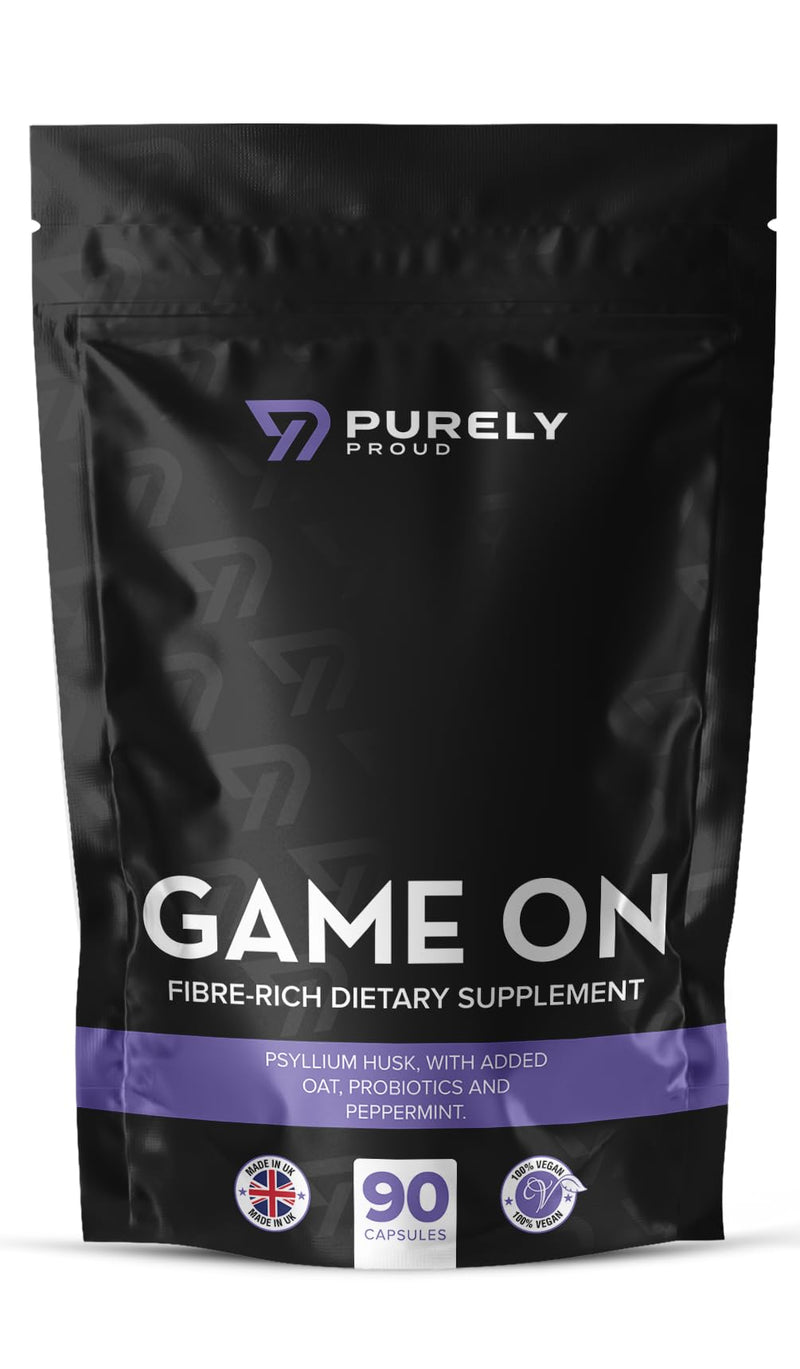 Game ON – Fibre Rich Supplement for Bottoms | Stay Ready with Psyllium Husk, Probiotics, Peppermint | Supports Digestion, Gut Health & Clean Confidence | Vegan | 90 Capsules | Made in UK