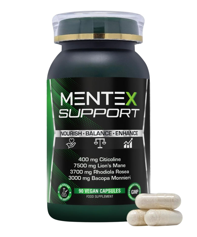Mentex® Support Nootropics Brain Supplement | Lion's Mane, Citicoline, Rhodiola Rosea, Bacopa Monnieri, L-Theanine, L-Tyrosine & Phosphatidylserine | Research Backed Vegan Formula | 90 Capsules