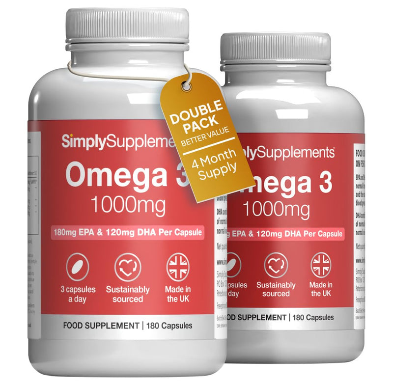 Pure Omega 3 1000mg Capsules | Supports Heart, Brain & Eye Health | Rich in Omega 3 Fatty Acids | 540mg of EPA and 360mg of DHA per Serving | 360 Capsules = 4 Months’ Supply | Made in The UK Unflavoured 2 count (pack of 180)